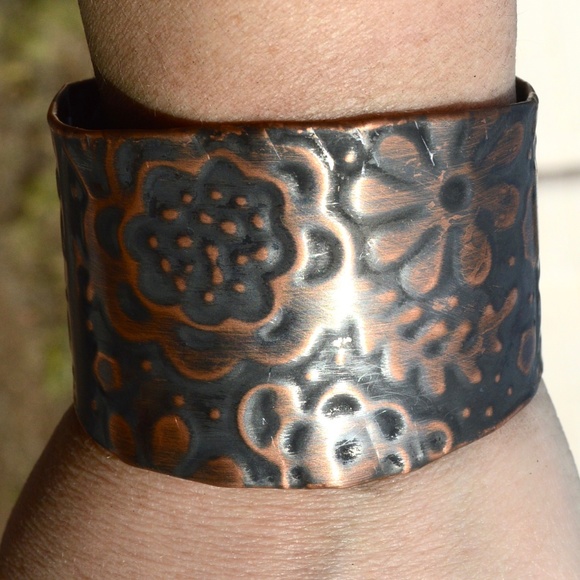 Conceptual Subculture Jewelry - Floral Embossed Wide Cuff Bracelet Pure Solid Copper Patina Flowers Handmade